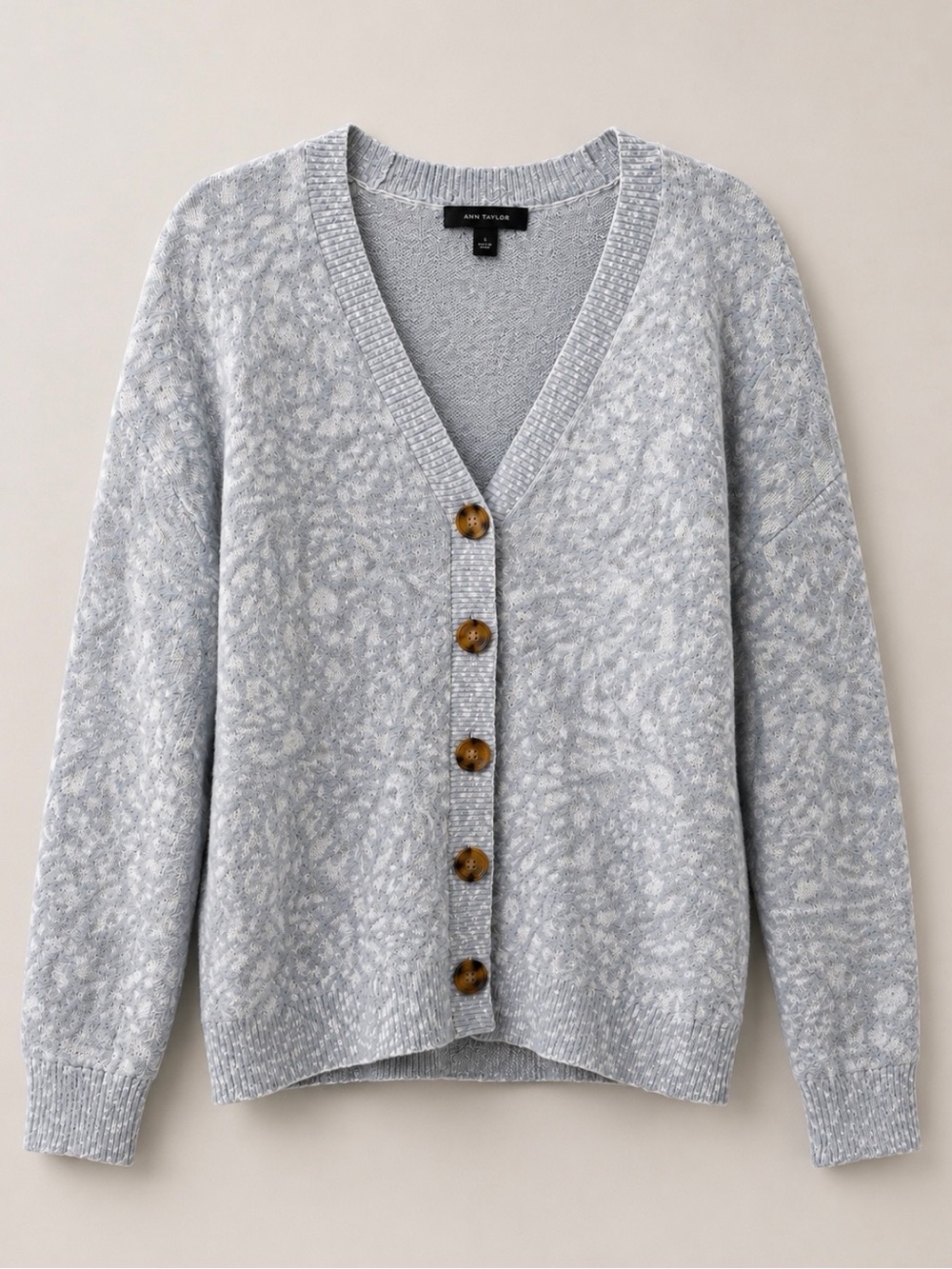Ann Taylor Gray and White Leopard-Print Button Cardigan